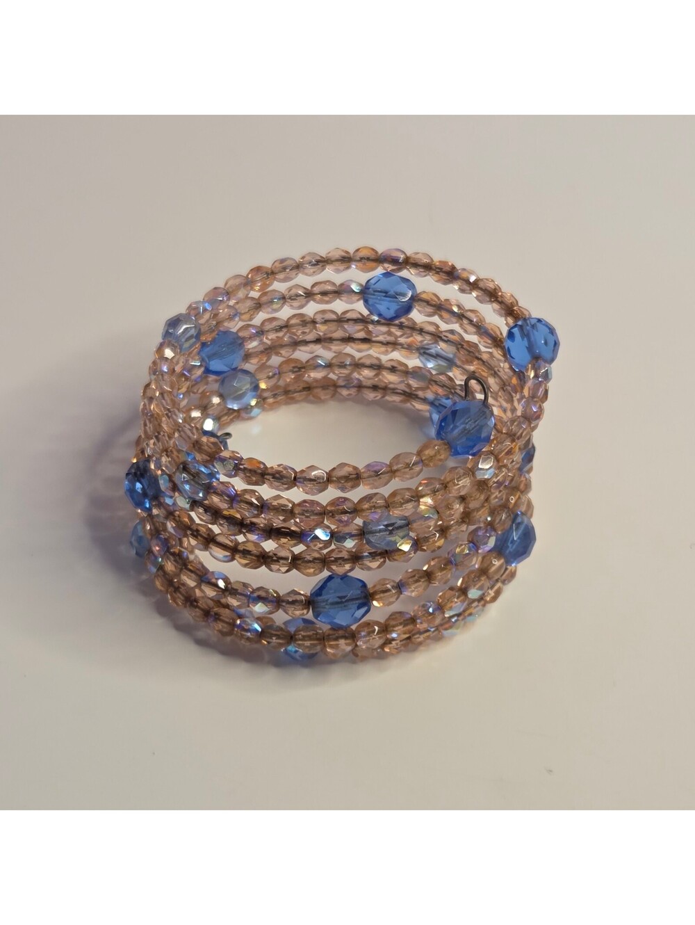 Blue and Tan Gold Crystal Beaded Bracelet on Memory Wire